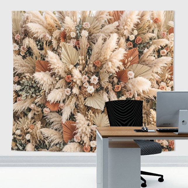 Tapiz Telón de boda de hierba seca de Pampas boho (Vintage boho Wedding and home office decor tapestry for photography backdrop or zoom calls.)