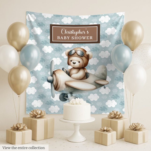 Tapiz Telón de fondo caprichoso de ducha de bebé con pil (Whimsical teddy bear pilot baby shower backdrop)