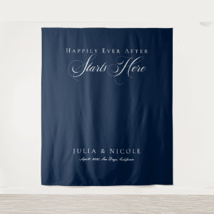 Tapiz Telón de fondo de boda con caligrafía azul clásica