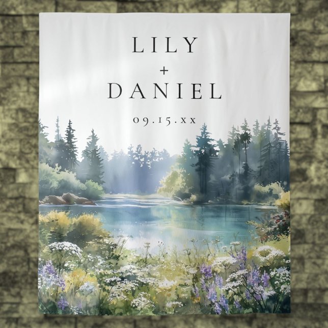Tapiz Telón de fondo de boda con flores silvestres junto (Forest Lakeside Wildflowers Wedding Photo Backdrop)
