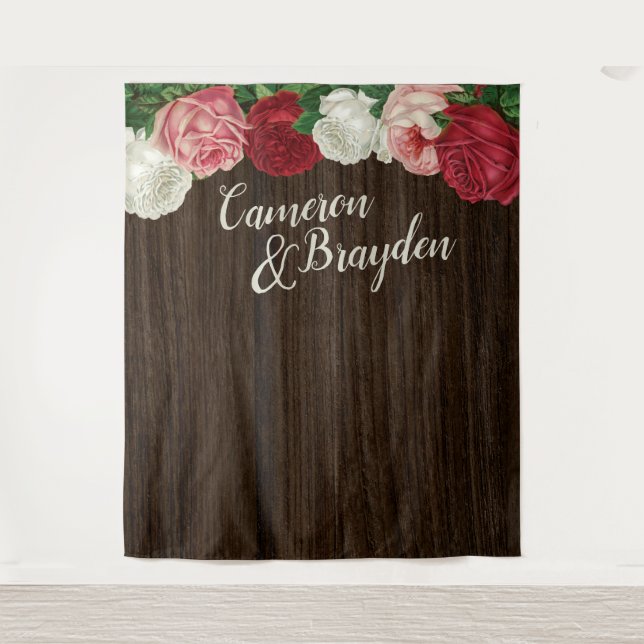 Tapiz Telón de fondo de boda rústica floral arbolada (Anverso)