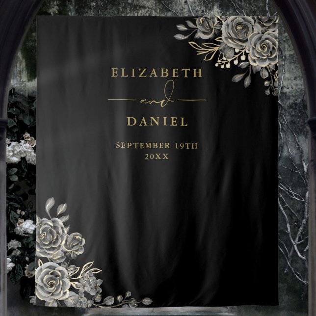 Tapiz Telón de fondo de cabina de fotos de boda con rosa (Gothic Floral Roses Wedding Photo Booth Backdrop)
