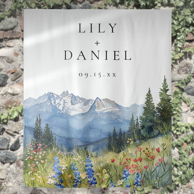 Tapiz Telón de Fondo de Cabina de Fotos de Boda de Monta (Watercolor Mountains Wedding Photo Booth Backdrop)