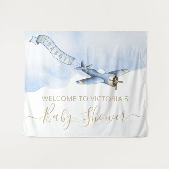 Tapiz Telón de fondo de fiesta de bebé de avión antiguo (Anverso (horizontal))