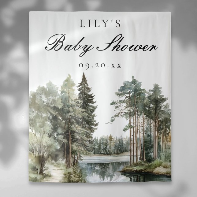 Tapiz Telón de fondo de fotografía para baby shower de b (Watercolor Lake Forest Baby Shower Photo Backdrop)