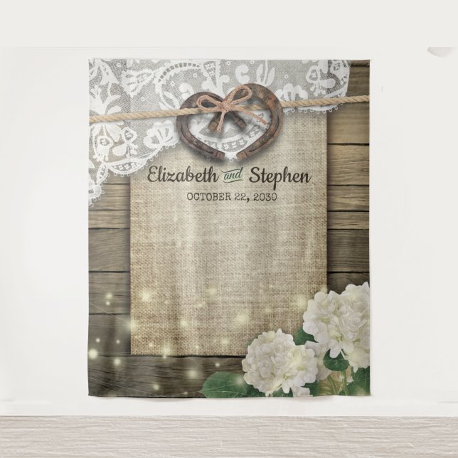 Tapiz Telón de fondo de madera con hortensias y herradur (Anverso)