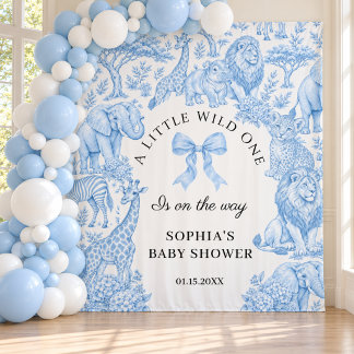 Tapiz Telón de fondo de toile de Jouy azul para baby sho