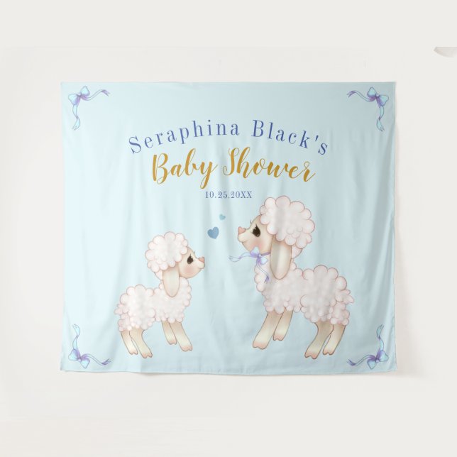 Tapiz Telón de fondo para baby shower de corderito azul  (Anverso (horizontal))