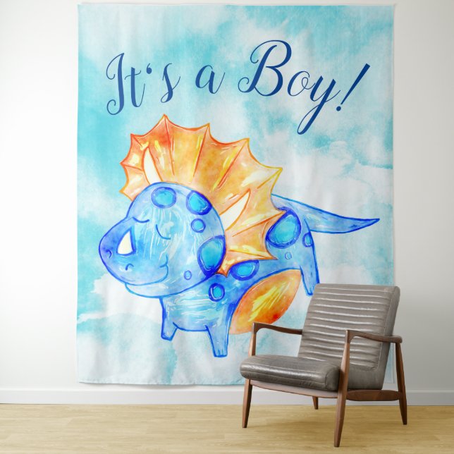 Tapiz Telón de fondo para baby shower de Dino Boy (In situ)