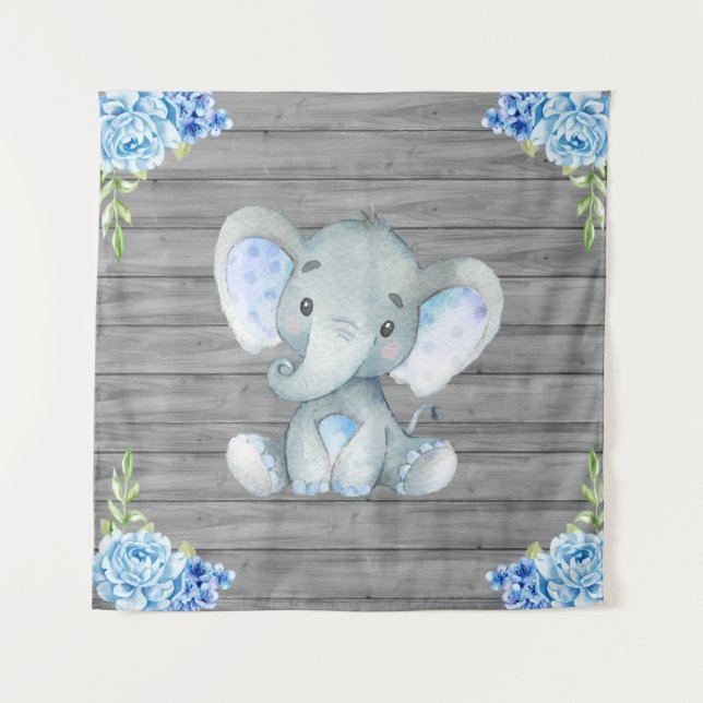 Tapiz Telón de fondo para baby shower de elefante azul (Anverso)
