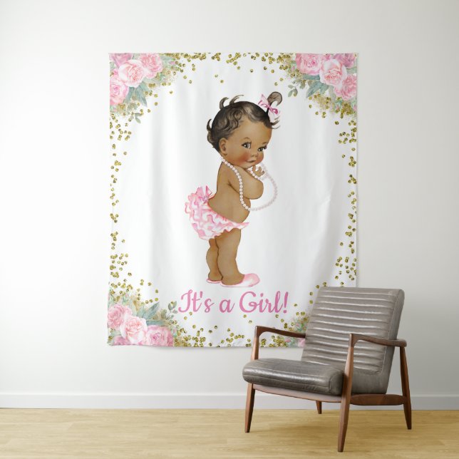 Tapiz Telón de fondo para baby shower de niña afroameric (In situ)