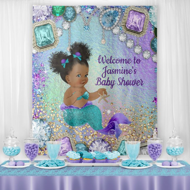 Tapiz Telón de fondo para Baby Shower de Sirena Afro (Add your own text, font style, font color for your event.)