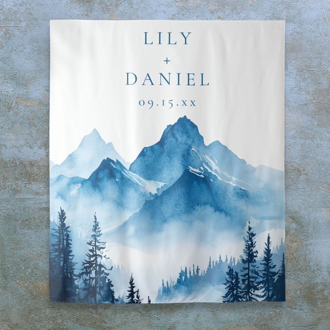 Tapiz Telón de fondo para cabina de fotos de boda en las (Chic Script Photo Dusty Blue Wedding Evening Party Invitation)