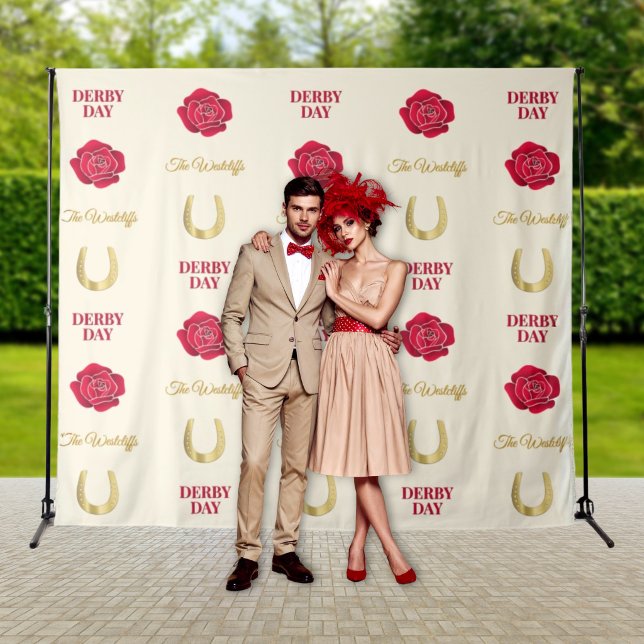 Tapiz Telón de fondo personalizado con rosas de oro marf (Personalized Roses and Horseshoes photo backdrop for your derby party)