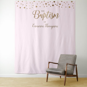 Tapiz Telón de fondo simple de bautizo con confeti rosa 