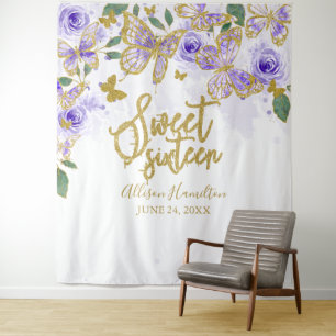 Tapiz Telón floral de mariposas púrpura para Sweet 16