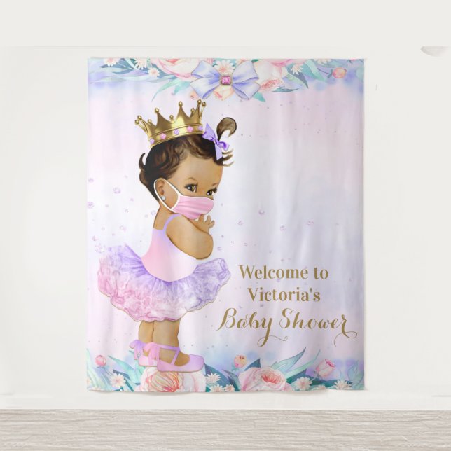 Tapiz Telón XL para baby shower de bebé morada con másca (Anverso)