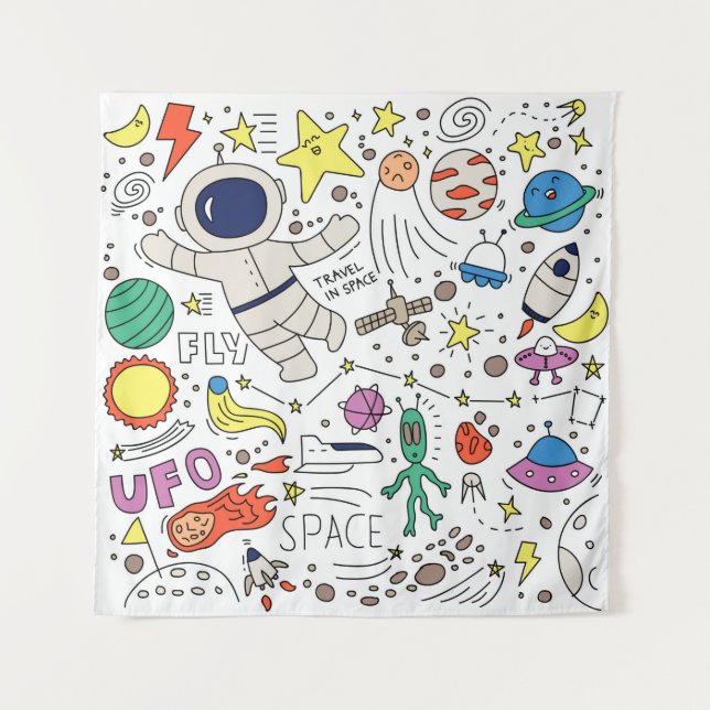 Tapiz Tema espacial en el ilustracion estilo doodle (Anverso)