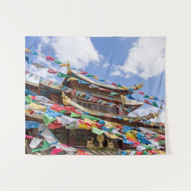 Tapiz Templo tibetano con banderas de oración - Yunnan,  (Anverso (horizontal))