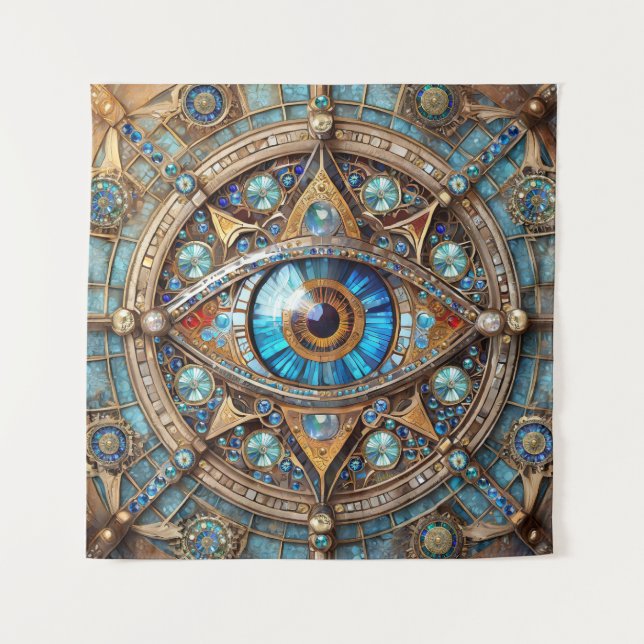 Tapiz Tercer Ojo - Mandala de Oro Azul Turquesa (Anverso)