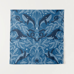 Tapiz Textura de damasco náutico con ballenas, vintag mo