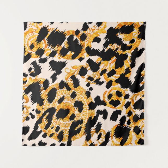 Tapiz Textura leopardo con estampado barroco dorado (Anverso)