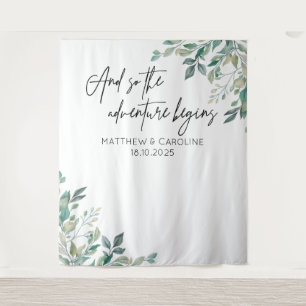 Tapiz The adventure begins backdrop greenery wedding