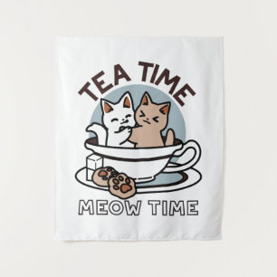 Tapiz Tiempo de embutido de té - Diseño de gato y té lin