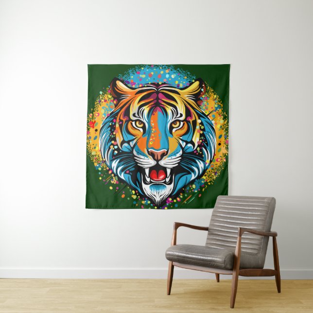Tapiz Tiger Head Rainbow colors paint stains (In situ)