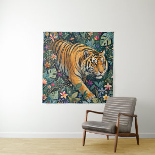 Tapiz Tigre con ojos ámbar, follaje de jungla fantástica