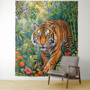 Tapiz Tigre de Bengala Jungla de Bambú Vibrante