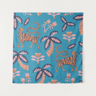 Tapiz tigre de color retro vintage, palmera, costurero f