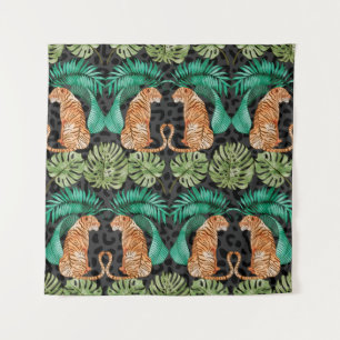 Tapiz Tigre y hojas en patrón acuarela sin foco