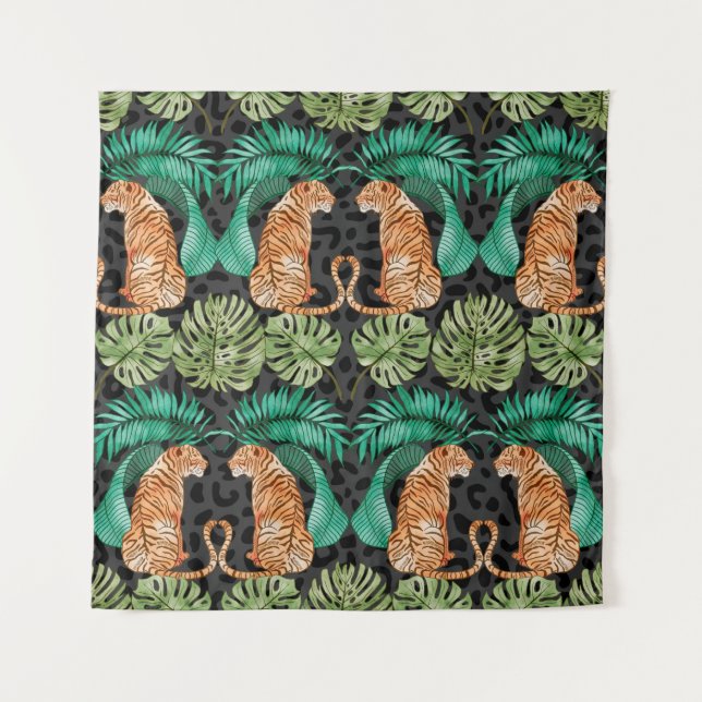 Tapiz Tigre y hojas en patrón acuarela sin foco (Anverso)