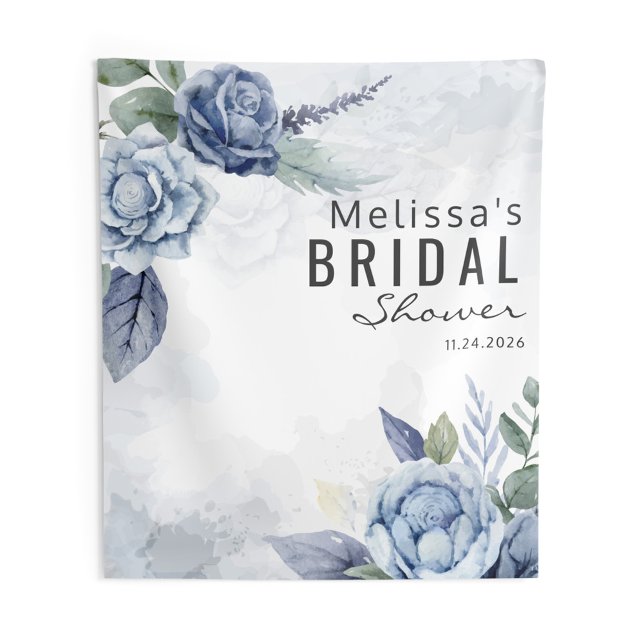 Tapiz Tipografía floral acuarela azul polvoriento (Dusty Blue Floral Bridal Shower Wall Tapestry)