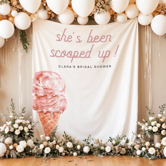 Tapiz Torta de helado rosa retro para despedida de solte (Scooped Up Retro Ice Cream Bridal Shower Photo Backdrop Tapestry Sign)