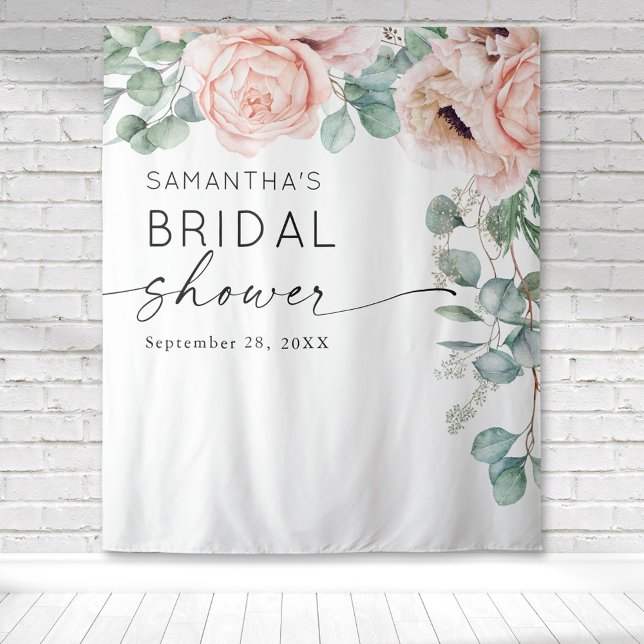 Tapiz Torta Nupcial de Acuarela Floral Rosa (Pink peony floral botanical cascading watercolor design on this bridal shower tapestry backdrop.)