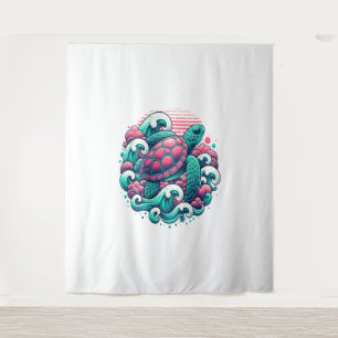 Tapiz Tortuga de olas del océano de verano retro