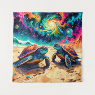 Tapiz Tortugas marinas de colores bajo un cielo cósmico