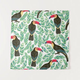Tapiz Toucans, hojas tropicales, patrón decorativo.