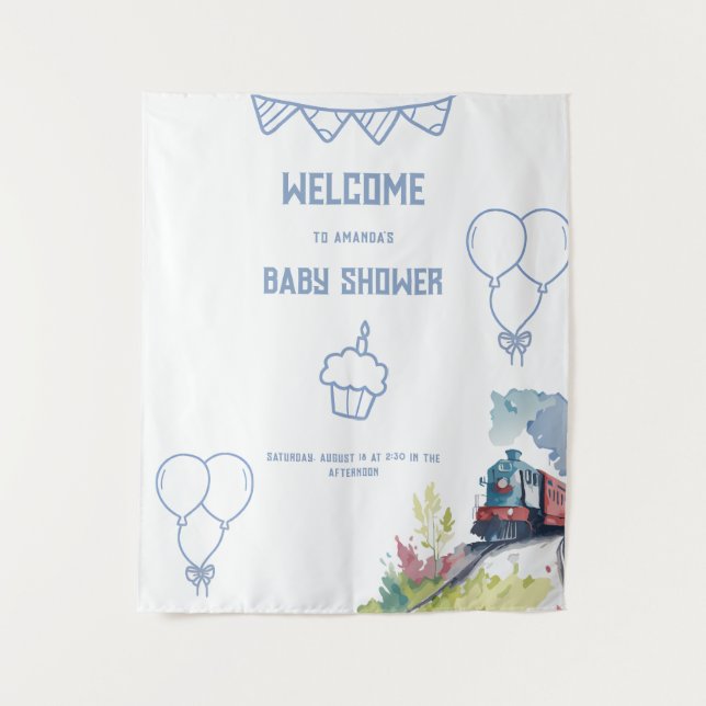Tapiz Train Blue Balloons Boy Whimsical Baby Shower (Anverso)