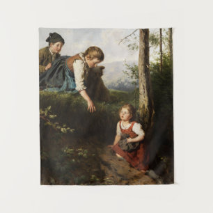 Tapiz Tres niños recogiendo cerezas silvestres en el bos