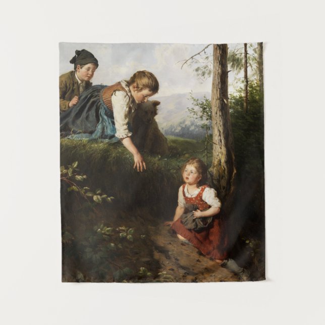 Tapiz Tres niños recogiendo cerezas silvestres en el bos (Anverso)