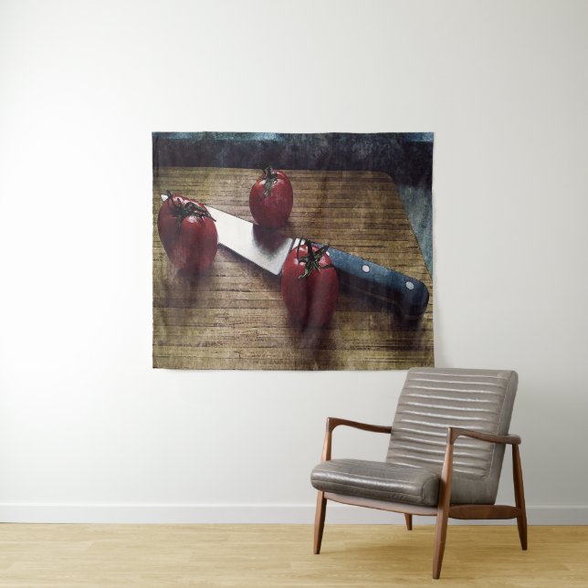 Tapiz Tres tomates rojos en la tabla de picar (In situ (horizontal))