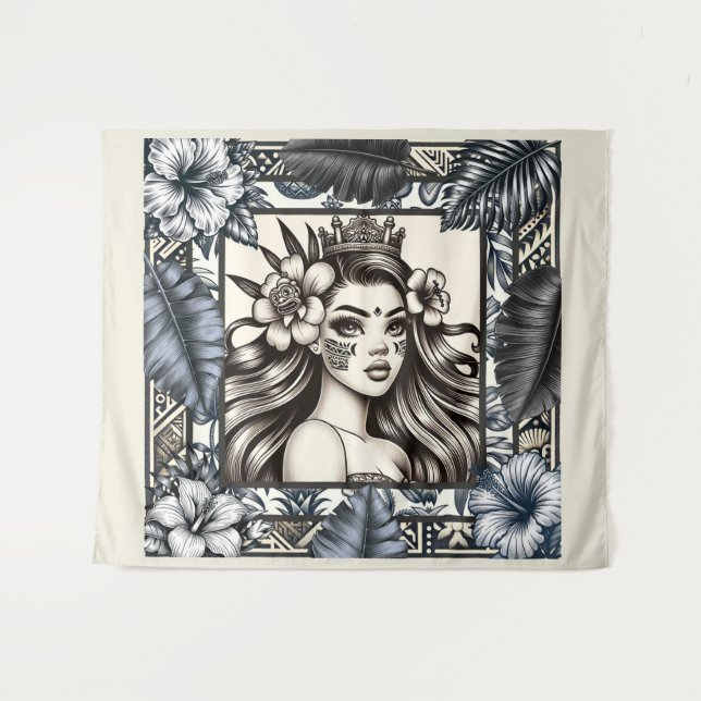 Tapiz Tribal floral azul Princesa Polinesia (Anverso (horizontal))