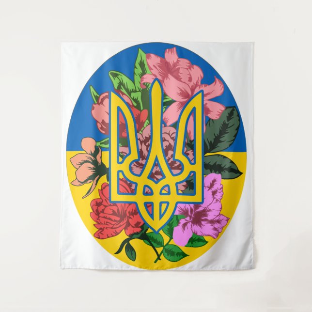 Tapiz Tridente ucraniano y bandera de Ucrania con flores (Anverso)