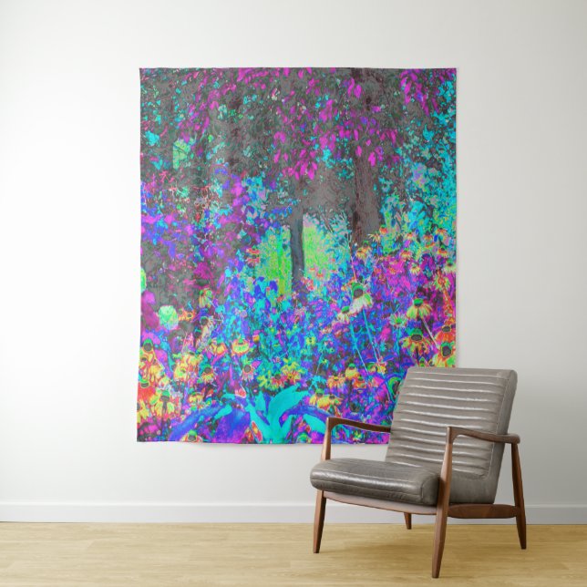 Tapiz Trippy Lime Green y Purple Garden Sunrise (In situ)