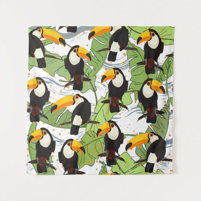 Tapiz Tropical Toucan, palmas verdes, patrón vintage. (Anverso)