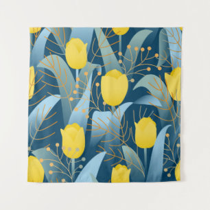 Tapiz Tulipanes amarillos sin patrón en el fondo azul os