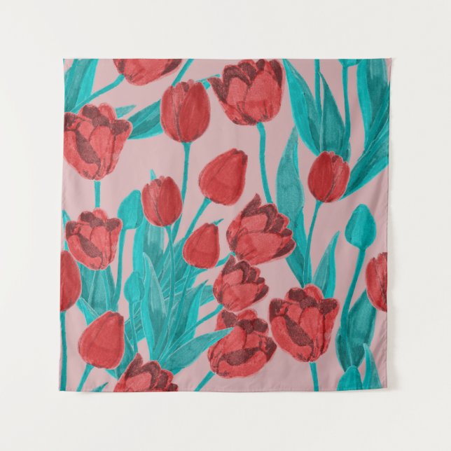 Tapiz Tulipanes de primavera, patrón floral dibujado a m (Anverso)